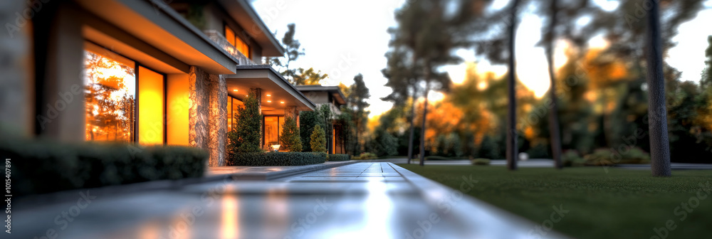 A modern house with a large window overlooking a lush, green lawn. A modern house with a large window overlooking a lush, green lawn.