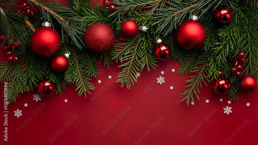 Green pine branches and red ornaments on red background, festive Christmas design.
Green pine branches and red ornaments on red background, festive Christmas design.