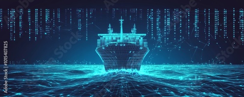 A blue tanker ship on a digital hi-tech futuristic background is a metaphor for global logistics tracking. A big data economy. AI VR holograms are integrated.