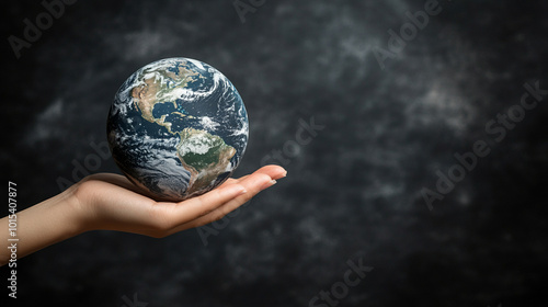 Earth floating gracefully above a hand, symbolizing humanity's responsibility to protect the planet. This visual encapsulates the delicate balance between nature and human impact photo