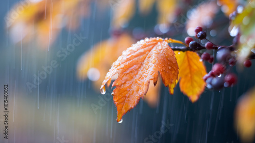 Orange leaf wet from rain on an autumn day, with water droplets enhancing the seasonal colors photo