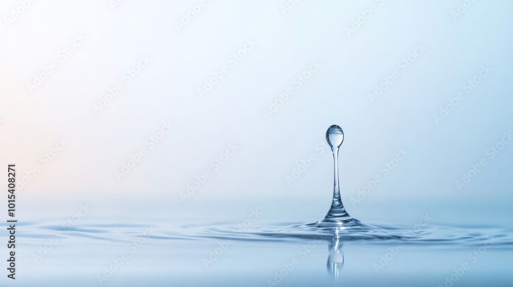 A water droplet hovers just above a calm pool surface, ready to create ripples. The soft blue gradient background enhances the scene's tranquility and beauty A water droplet hovers just above a calm pool surface, ready to create ripples. The soft blue gradient background enhances the scene's tranquility and beauty