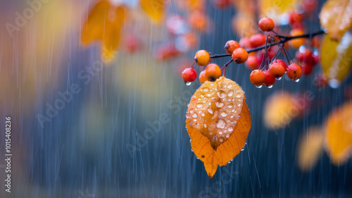 Orange leaf wet from rain on an autumn day, with water droplets enhancing the seasonal colors photo