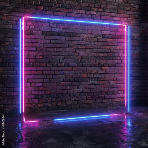 A vibrant neon frame in pink and blue against a textured brick wall, creating a modern urban atmosphere. photo