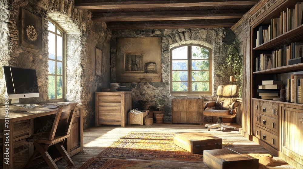 A 3D render of a rustic home office created with 3DS Max A 3D render of a rustic home office created with 3DS Max
