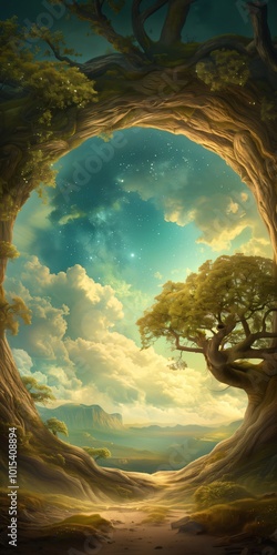 Giant tree is forming an archway leading to a beautiful fantasy world with a starry night sky and lush vegetation. This magical place invites to a journey into the unknown; vertical fairytale panorama