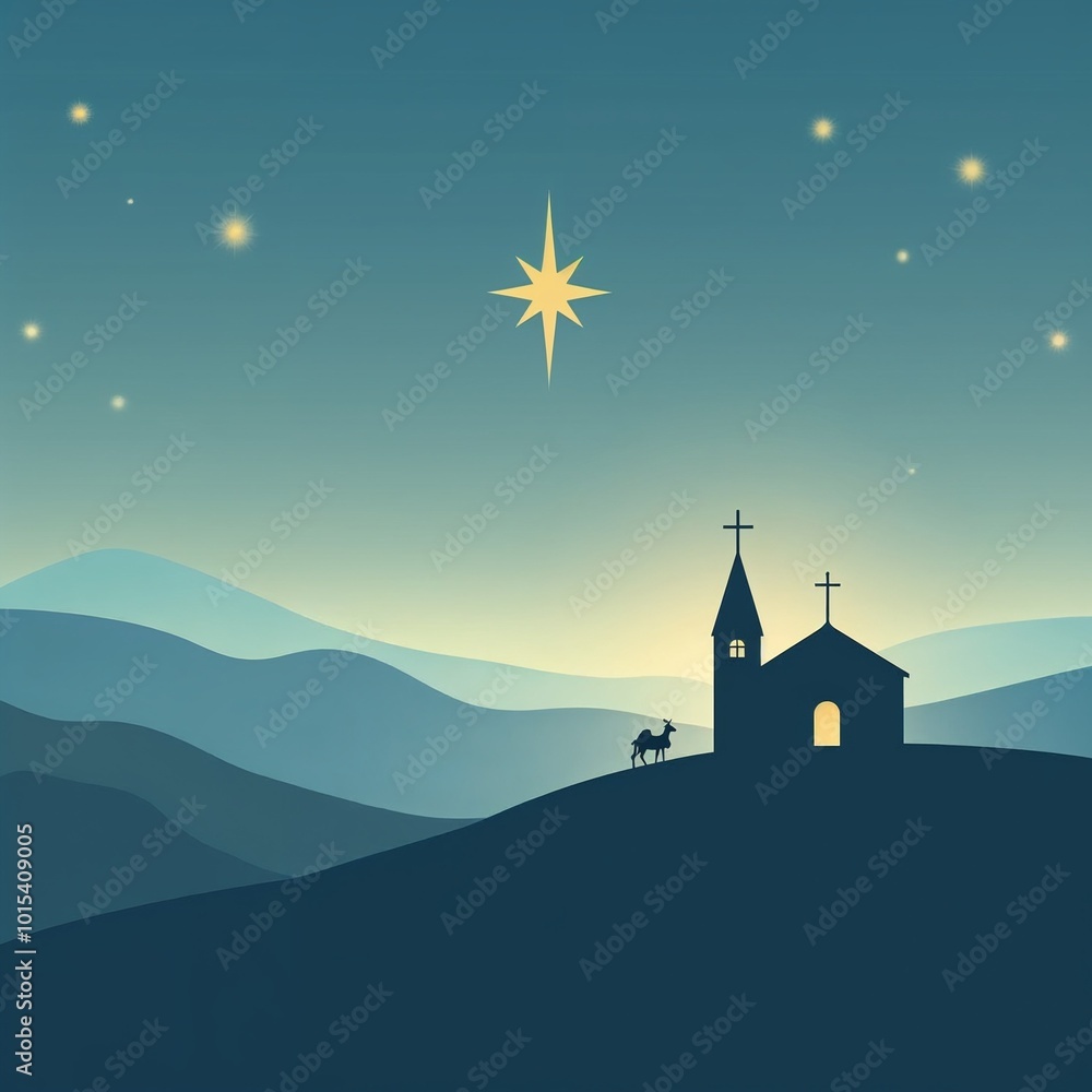 Minimalist digital illustration of a church and starry night for Epiphany celebration, serene atmosphere, copy space Minimalist digital illustration of a church and starry night for Epiphany celebration, serene atmosphere, copy space