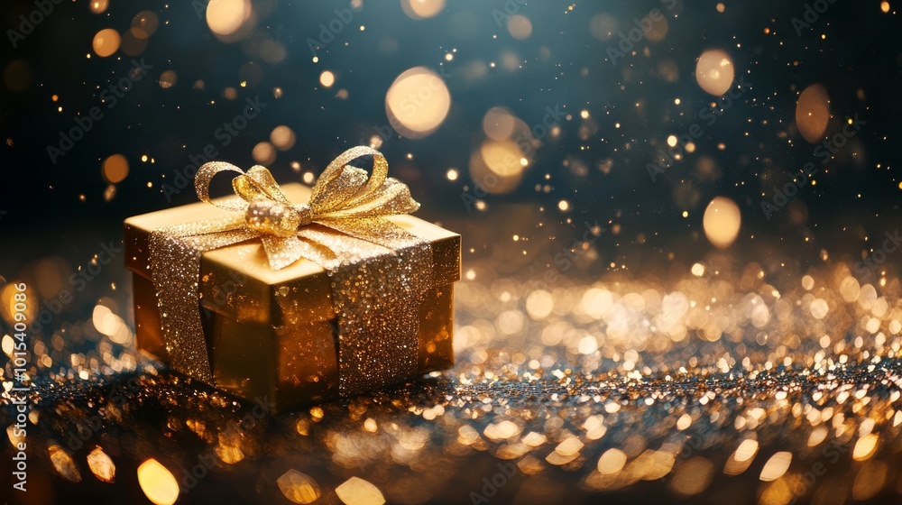 Giftbox on golden blurred background. Christmas background Giftbox on golden blurred background. Christmas background
