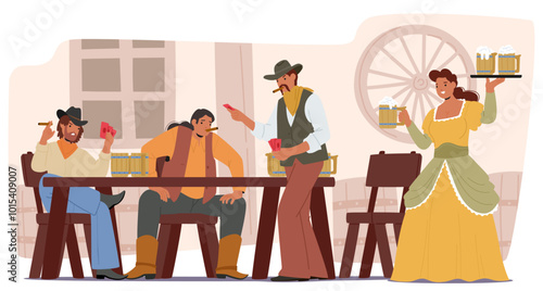 Wild West Saloon Featuring People Enjoying Drinks. Cowboy Hats And Period Costumes Create An Authentic Atmosphere