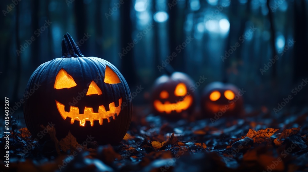 Jack O' Lanterns glowing in the dark forest at night Jack O' Lanterns glowing in the dark forest at night