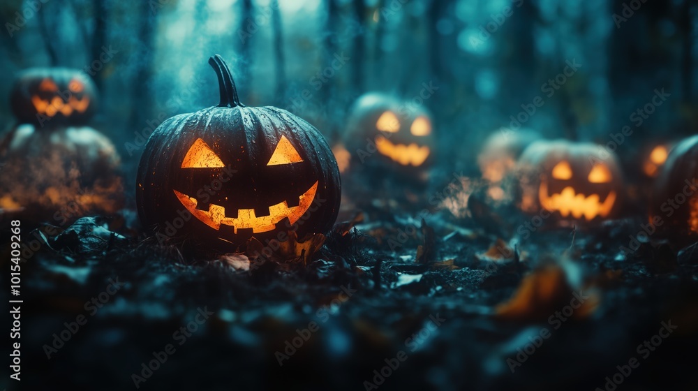 Jack O' Lanterns glowing in the dark forest at night Jack O' Lanterns glowing in the dark forest at night