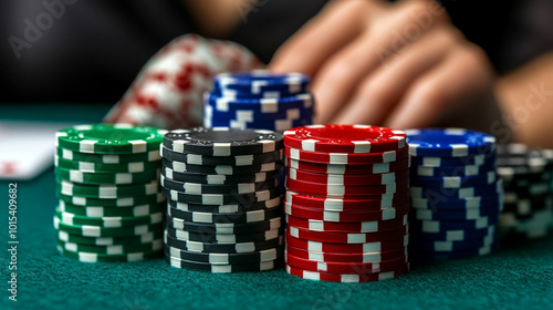 female blackjack dealer, dressed elegantly, stands poised at an empty casino table. Her confident demeanor and alluring presence symbolize excitement and the allure of high-stakes gambling