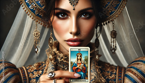 Medieval woman holding a tarot card  photo