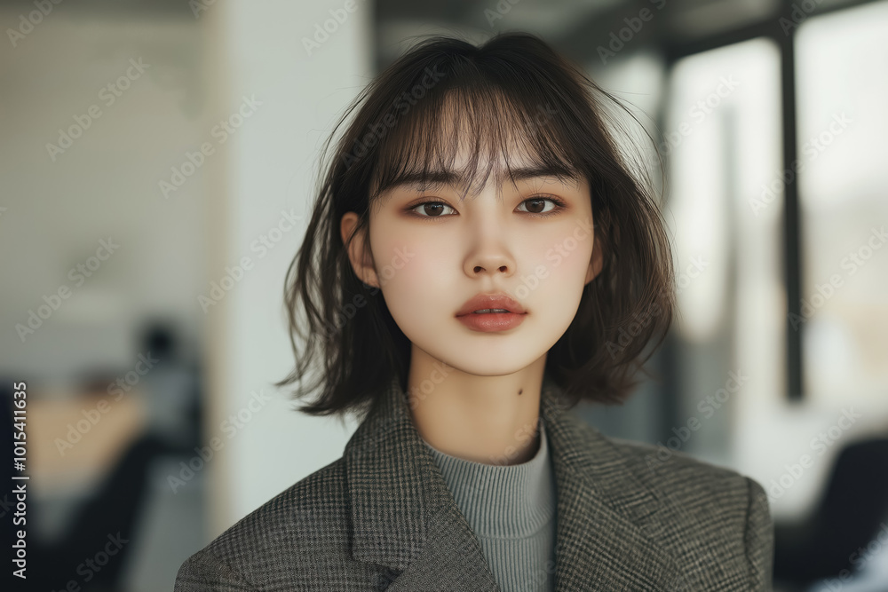 contemporary korean woman in a grey plaid blazer with a soft expression contemporary korean woman in a grey plaid blazer with a soft expression