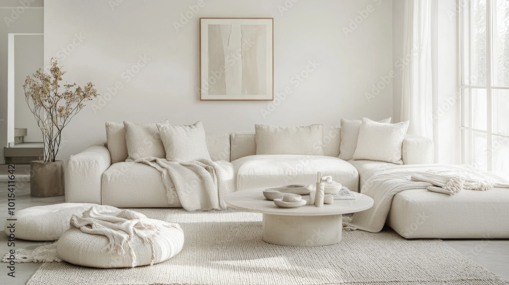 A white sectional sofa sits in a modern, bright living room. The sofa is accented with fluffy pillows and blankets, and a large window lets in natural light A white sectional sofa sits in a modern, bright living room. The sofa is accented with fluffy pillows and blankets, and a large window lets in natural light