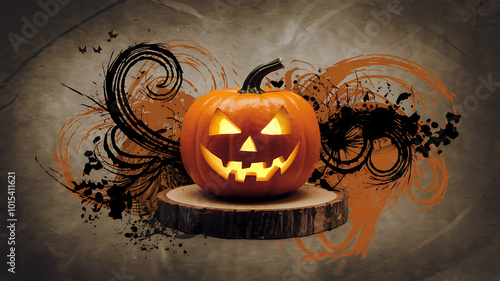 Glowing orange jack-o-lantern on rustic wood with black and orange grunge Halloween design. 
 photo