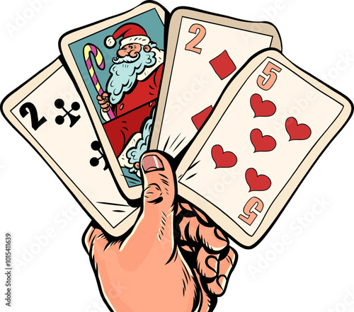 Cards with Santa Claus for New Year and Christmas. Play a trump card from your hand in winter. Hand with cards and a symbol of the New Year holiday.