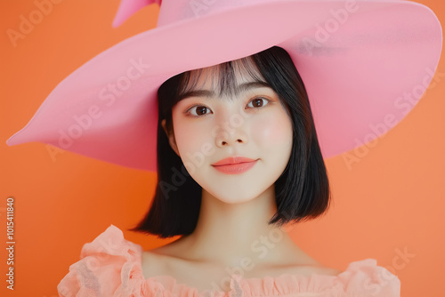 young asian woman in a pink witch hat celebrating halloween with a vibrant background