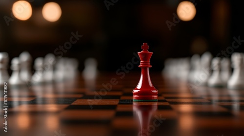 A vibrant red chess queen stands out prominently on a glossy chessboard, surrounded by faceless white pawns, symbolizing leadership and strategy in a competitive setting photo