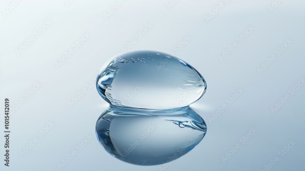 A close-up of a water droplet on a reflective surface against a light blue sky in the background A close-up of a water droplet on a reflective surface against a light blue sky in the background