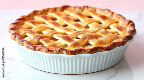 A freshly baked apple pie with a golden brown crust, ready to be sliced and enjoyed.