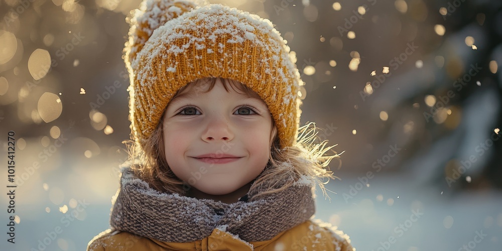 Cute child in winter clothes, playing outside in falling snow, joyful scene Cute child in winter clothes, playing outside in falling snow, joyful scene