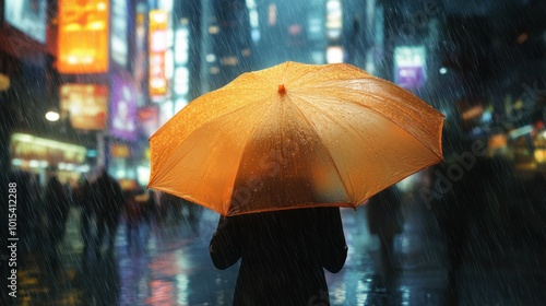 A person holding a large orange umbrella, walking through a city street during a heavy rainstorm.