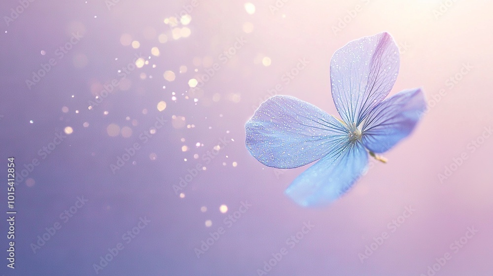 Fototapeta premium Close-up image of blue flower against pink and blue backdrop with soft sky