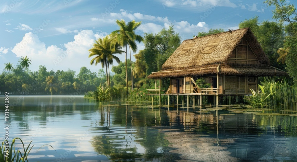 tropical lake, rustic house, serene landscape, nature scenery, green vegetation, blue sky, tranquil water, palm trees, bamboo hut, quiet retreat, idyllic environment, peaceful setting, outdoor living tropical lake, rustic house, serene landscape, nature scenery, green vegetation, blue sky, tranquil water, palm trees, bamboo hut, quiet retreat, idyllic environment, peaceful setting, outdoor living