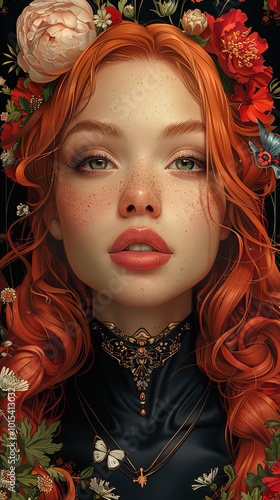 Redhead Woman with Floral Crown and Jewelry