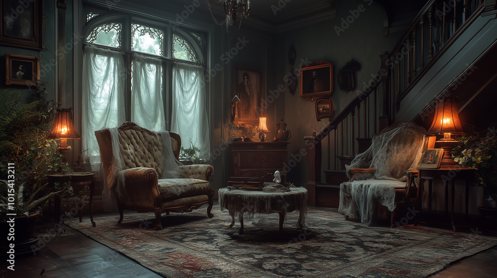 A dimly lit Victorian house with flickering lanterns, draped in spider webs over antique furniture, and ghostly figures peering from the windows A dimly lit Victorian house with flickering lanterns, draped in spider webs over antique furniture, and ghostly figures peering from the windows