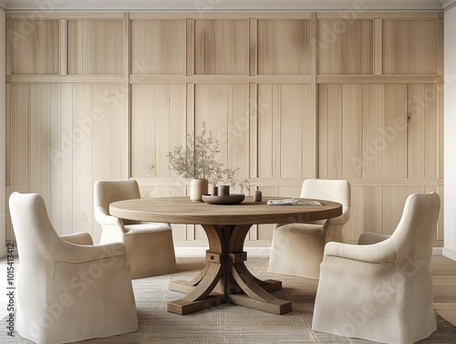 Wallpaper Mural Rustic round table, beige fabric chairs in spacious room with paneling wall. Scandinavian interior design of modern living room. Wood, beige colors dominate space with gray rug adding contrast. Vase Torontodigital.ca