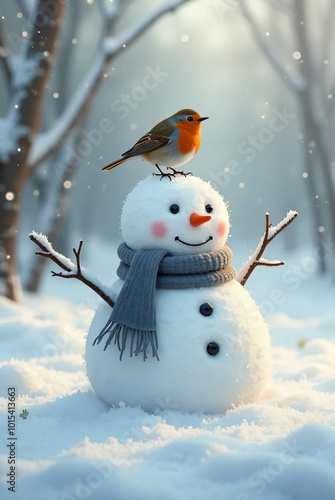 snowman in the snow with robin