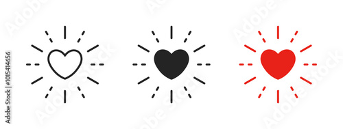 heart glowing icon set, exploding heart icon with lines. Shining heart web vector icon