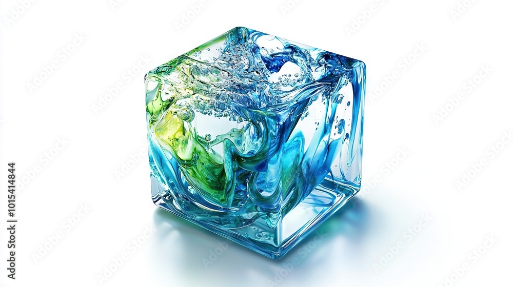 Green and blue ice cubes on white background with water splashing Green and blue ice cubes on white background with water splashing