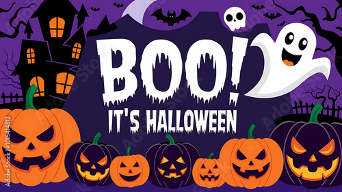 A Halloween-themed illustration of a banner with the text "Boo! It's Halloween". There are orange and black pumpkins with scary faces, and a ghost with a wide grin