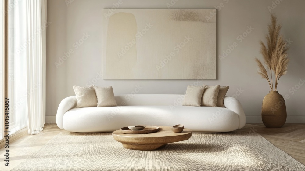 A white sofa with soft beige pillows sits in a modern living room. The sofa is in front of a large wall with a beige painting on it A white sofa with soft beige pillows sits in a modern living room. The sofa is in front of a large wall with a beige painting on it