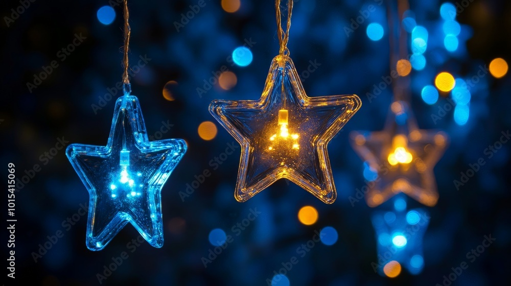 Christmas star string lights glowing with festive bokeh in blue night sky Christmas star string lights glowing with festive bokeh in blue night sky
