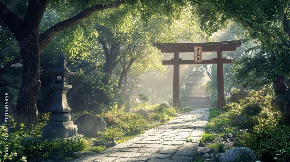 A quiet moment in a Japanese temple garden, with sunlight filtering through trees and a stone path leading to a shrine. A quiet moment in a Japanese temple garden, with sunlight filtering through trees and a stone path leading to a shrine.