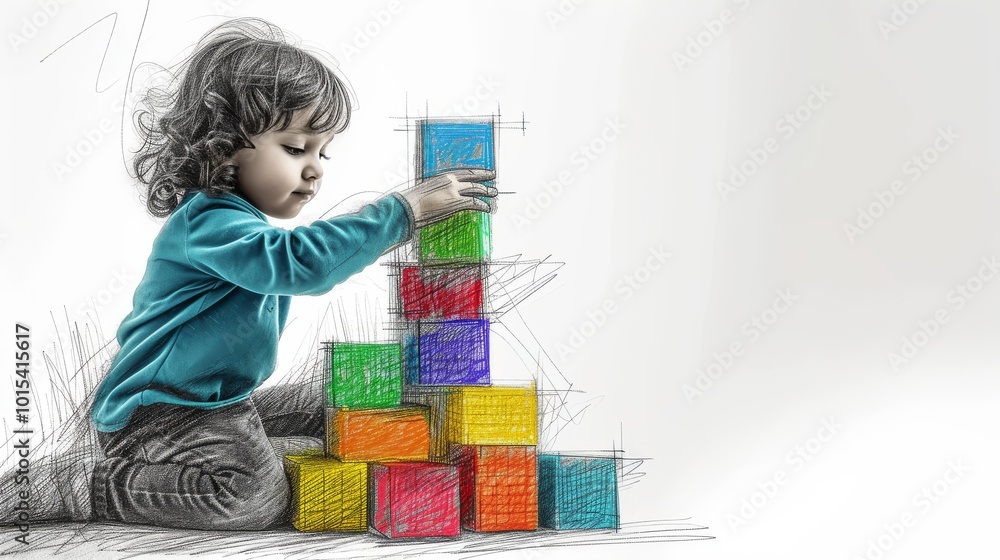 A child in a blue shirt carefully stacks colorful blocks, captured in an artistic sketch. The vibrant blocks contrast against the black-and-white pencil sketch, emphasizing creativity and imagination.