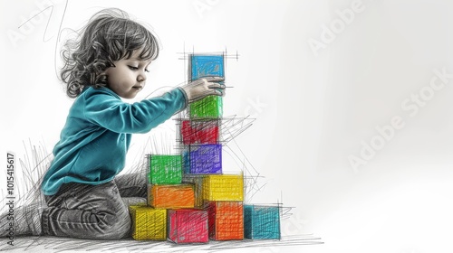 Obraz na płótnie A child in a blue shirt carefully stacks colorful blocks, captured in an artistic sketch. The vibrant blocks contrast against the black-and-white pencil sketch, emphasizing creativity and imagination. w salonie