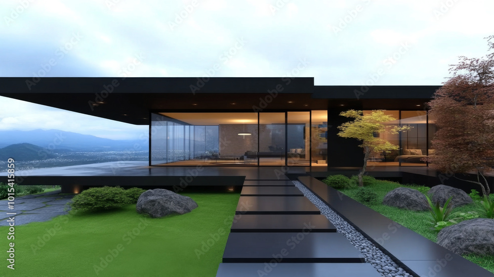 Modern black home with a large window offering a view of the mountains and a walkway leading up to the entrance. Modern black home with a large window offering a view of the mountains and a walkway leading up to the entrance.