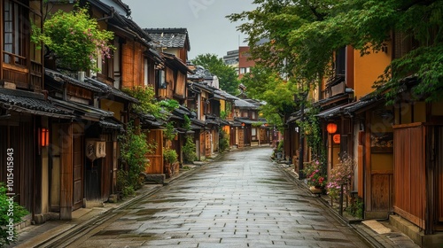 A quiet street in a historic district of Japan, lined with traditional wooden machiya houses and small shops.