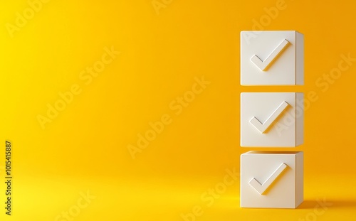 A checklist icon on a yellow background. Accreditation, quality assurance, check marks, and copy space.