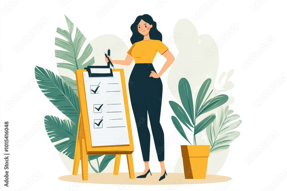 Using application for digital questionnaire, woman thinks and answers questions in a flat illustration. Illustration with character scenario for web. Using application for digital questionnaire, woman thinks and answers questions in a flat illustration. Illustration with character scenario for web.
