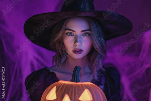 enchanting young witch holding a glowing jack-o-lantern in a mystical purple setting