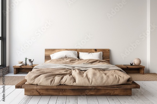 Wooden bed in modern Scandinavian bedroom design. Dark wood headboard and footboard, white comforter, beige blanket, beige carpet. Small table, lamp on floor, natural light through window. photo