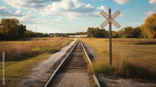 A railway crossing sign next to tracks with a train approaching in the distance, surrounded by a rural landscape.