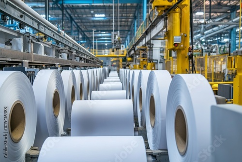 Paper mill factory with machines turning wood pulp into rolls of paper for different purposes, generative stock