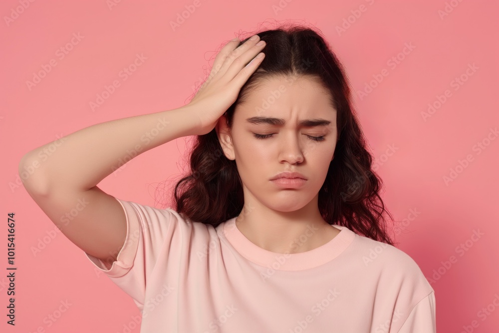 Young woman suffers from headache. Woman holds her head in her hand, pain and discomfort visible on her face. Pink background emphasizes her emotional state. Young woman suffers from headache. Woman holds her head in her hand, pain and discomfort visible on her face. Pink background emphasizes her emotional state.